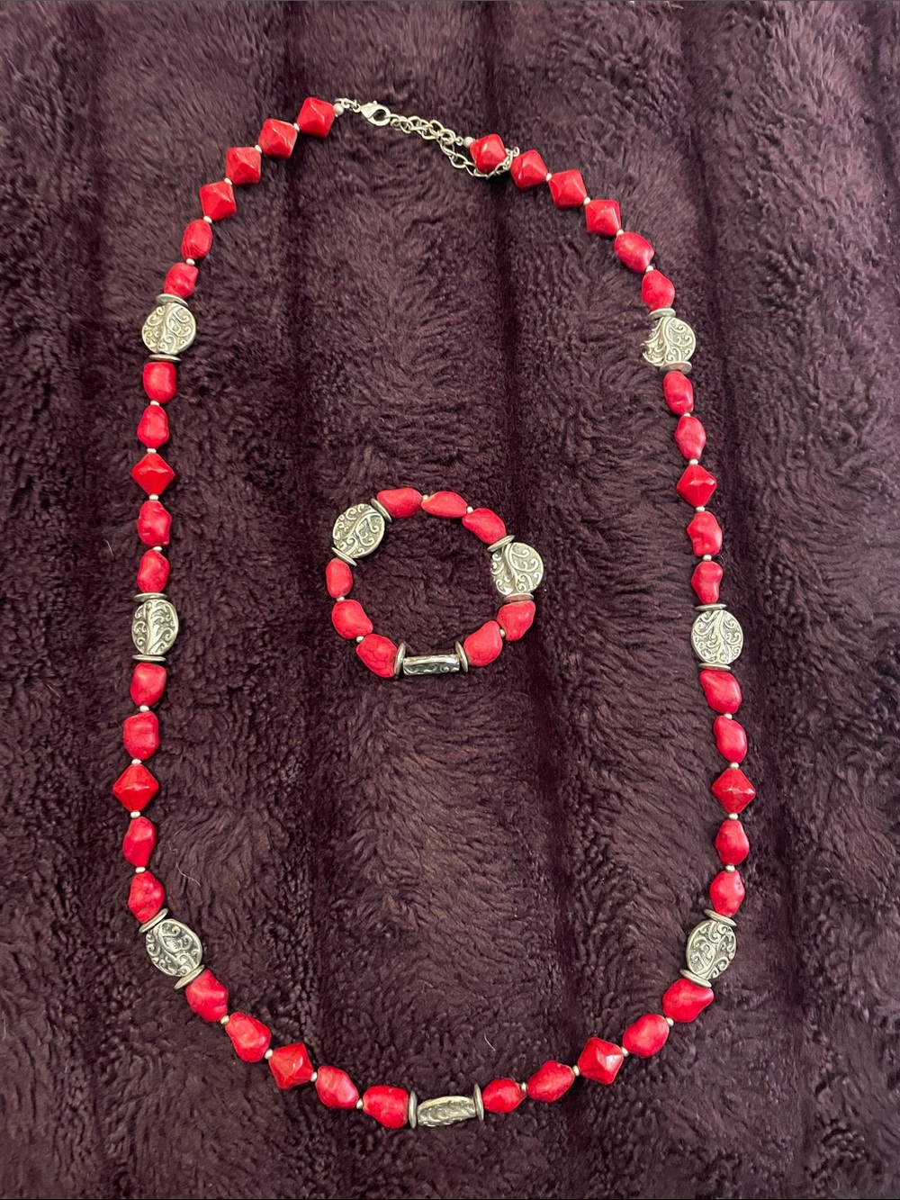 Premier Designs Red Beaded Necklace and Bracelet Set with Silver Accents